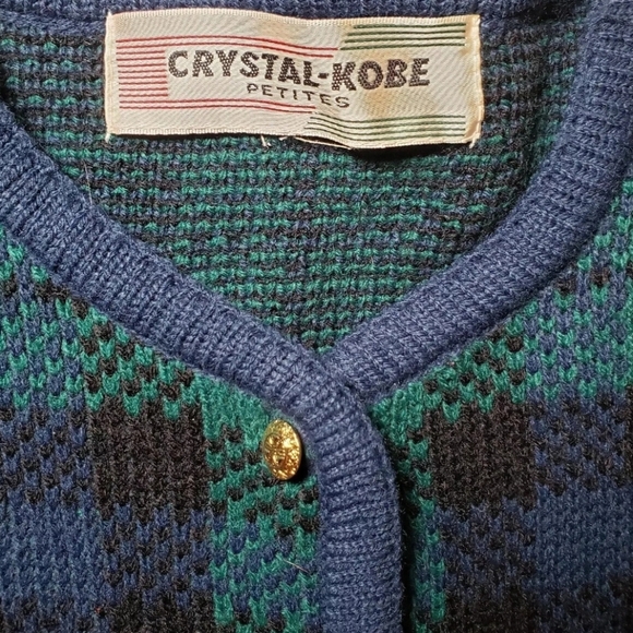 Vintage Crystal Kobe Cardigan Acryli Sweater Green Tartan Plaid Gold Buttons 80s - Picture 12 of 12
